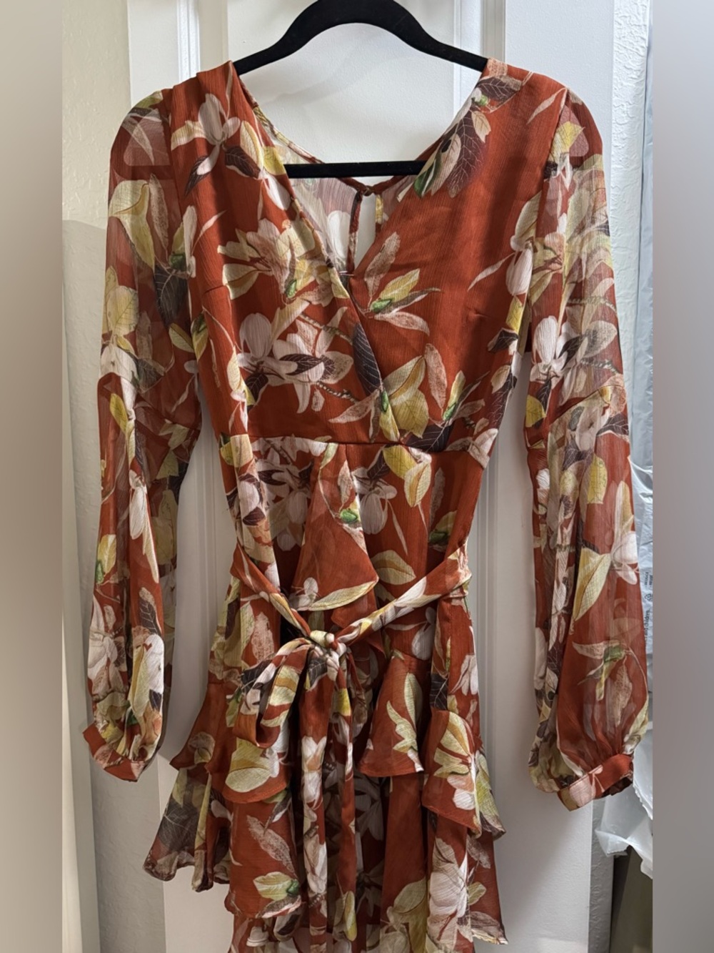 Luxxel Rust Floral Long-Sleeve Wrap Dress